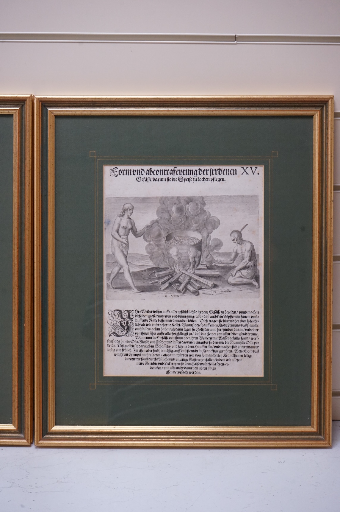 After Theodor De Bry (1528-1598), engraved by J.Veen, two Americana engraved bookplates comprising ‘How the women carry their children’ and ‘How they cook fish over flame', each 28 x 21.5cm